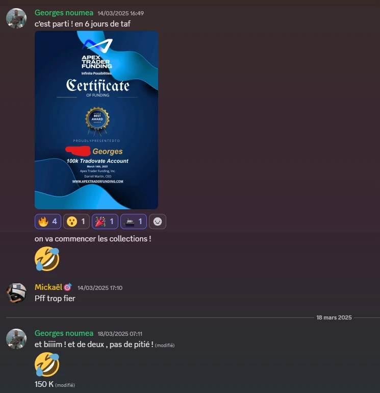 Retour de Georges — élève Proptrader Academy — communauté Discord privée