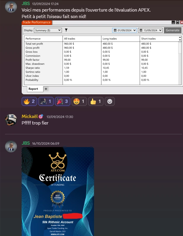 Retour de JB — élève Proptrader Academy — communauté Discord privée