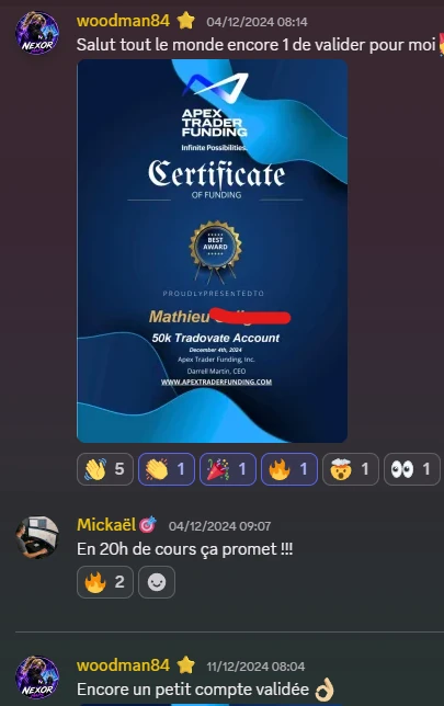 Retour de Mathieu — élève Proptrader Academy — communauté Discord privée