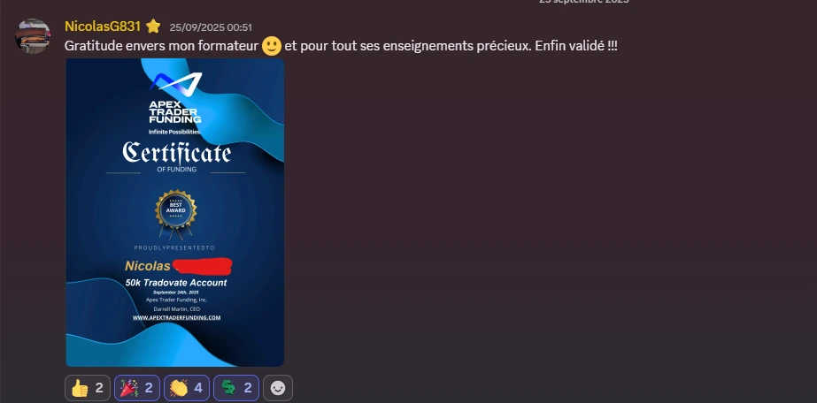 Retour de Nicolas G — élève Proptrader Academy — communauté Discord privée