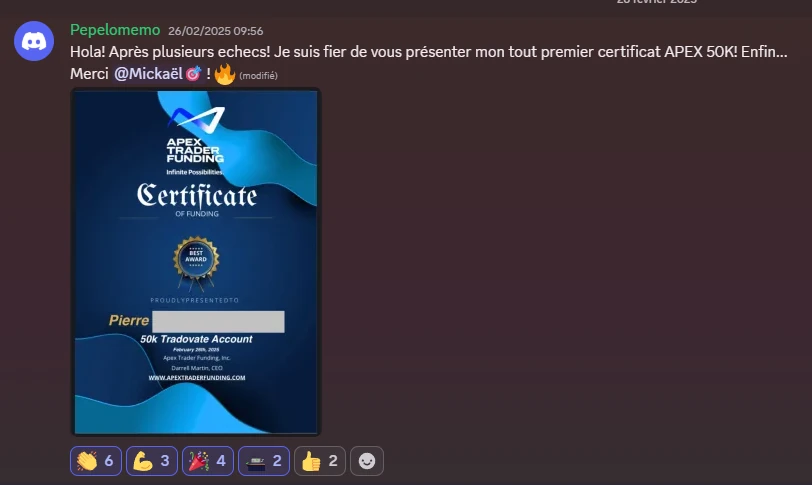 Retour de Pepe — élève Proptrader Academy — communauté Discord privée