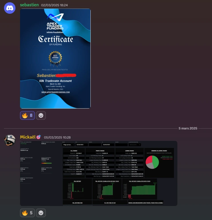 Retour de Sébastien — élève Proptrader Academy — communauté Discord privée