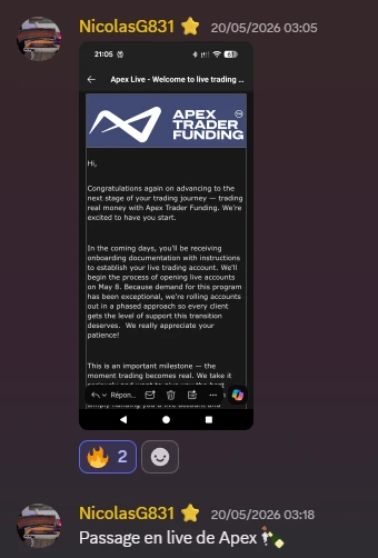 Retour de Nicolas G (2) — élève Proptrader Academy — communauté Discord privée
