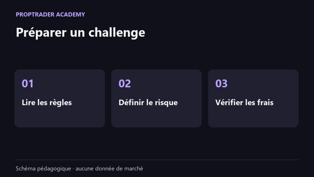 Checklist pédagogique avant un challenge : règles, budget de risque et frais.