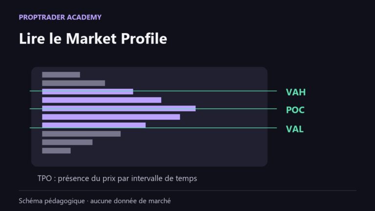 Schéma pédagogique d’un profil en TPO avec POC et limites de Value Area.