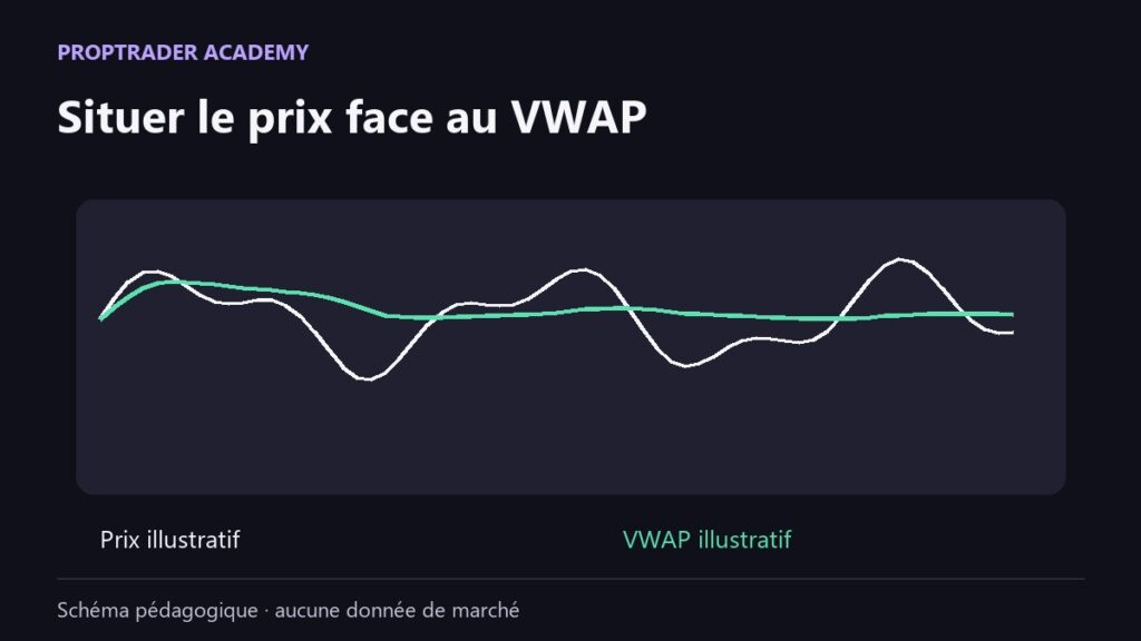 Courbes pédagogiques d’un prix et de son VWAP ; elles ne représentent aucune séance réelle.