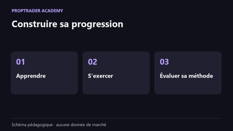Parcours pédagogique du trader : apprendre, s’exercer et évaluer sa méthode ; aucune rentabilité promise.