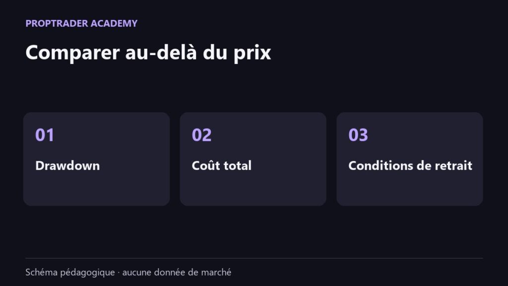 Trois critères de comparaison des prop firms : drawdown, coût total et conditions de retrait.