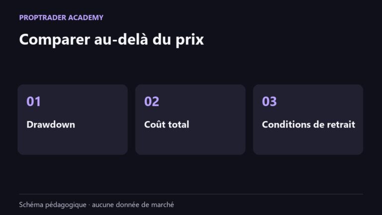 Trois critères de comparaison des prop firms : drawdown, coût total et conditions de retrait.