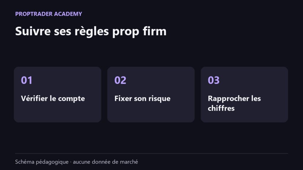 Suivi pédagogique prop firm : vérifier le compte, fixer son risque et rapprocher les chiffres officiels.
